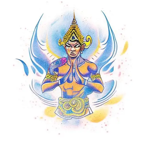 Capture the essence of Muay Thai through a realistic tattoo of a traditional Thai warrior. tattoo design idea