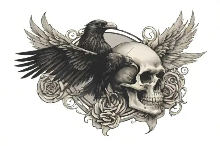 skull in center with a raven on one side flying toward and a dov on the other flying toward tattoo design idea