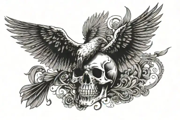 skull. with raven on one side and dove mid flight tattoo design idea