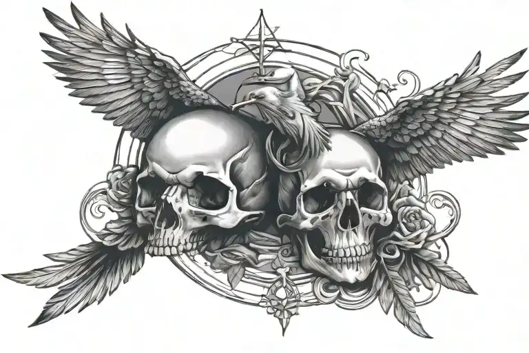 skull in the middle with a raven flying towards it and on the other side a dove flying toward the skull tattoo design idea