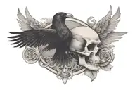 skull in center with a raven on one side flying toward and a dove on the other flying toward tattoo design idea