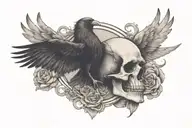 skull in center with a raven on one side flying toward and a dove on the other flying toward tattoo design idea