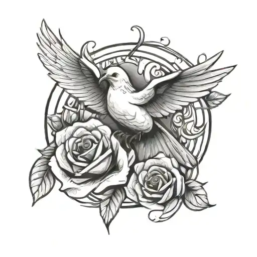 An abstract representation of a dove and rose intertwined to honor the memory of a dear friend tattoo design idea