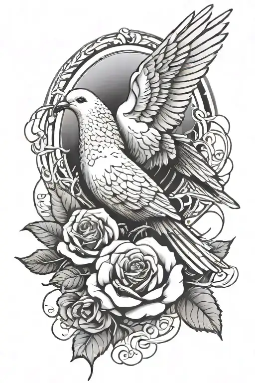 An abstract representation of a dove and rose intertwined to honor the memory of a dear friend tattoo design idea