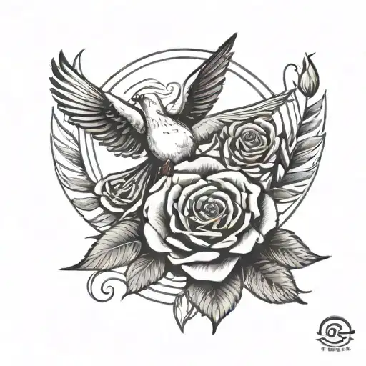 A minimalist black and grey tattoo of a dove carrying a rose, symbolizing the eternal bond with a friend who has passed away tattoo design idea