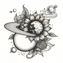 Please design a creative tattoo cobining Saturn ,waning crescent Moon & sunflower  tattoo design idea