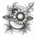 Please design a creative tattoo cobining Saturn ,waning crescent Moon & sunflower  tattoo design idea