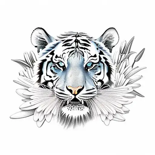 tiger surrounded by lilies and daisies and humming birds and clouds  tattoo design idea