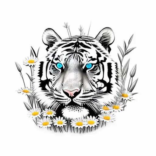 tiger in a feild surrounded by lilies and daisies  tattoo design idea
