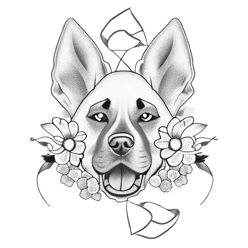 A silhouette of a dog with prominent ears, surrounded by delicate flowers and a ribbon with the words 'Hope' to symbolize suicide awareness. tattoo design idea