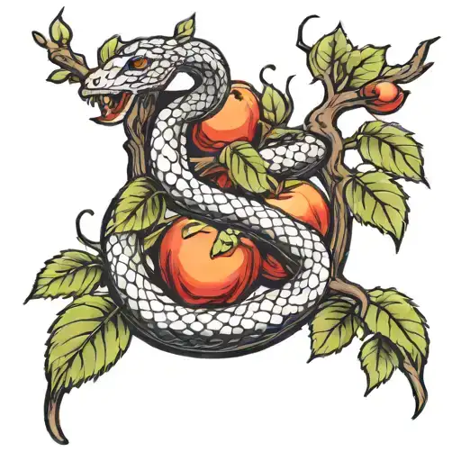 apple tree in bloom with snake around branch tattoo design idea