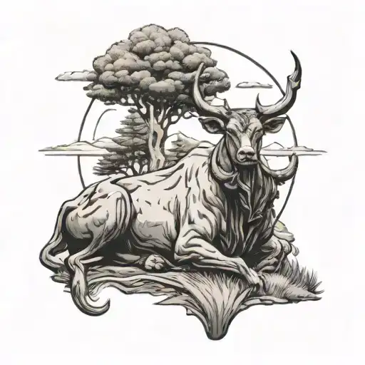 Ferdinand the Bull meditating under a tree with a background of the Pacific Northwest landscape tattoo design idea