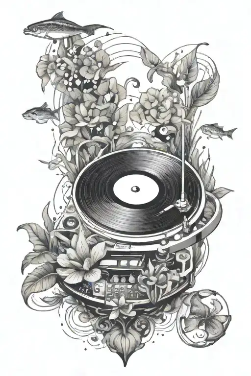 A turntable with music notes floating around it, surrounded by aquatic plants and fish from your aquarium tattoo design idea
