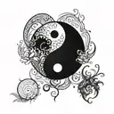 A yin yang symbol with one side representing the chaos of life and the other representing the order of music, with a subtle nod to your love for table soccer tattoo design idea