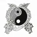 A yin yang symbol with one side representing the chaos of life and the other representing the order of music, with a subtle nod to your love for table soccer tattoo design idea