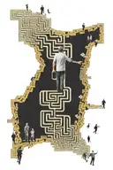 A stylized representation of a man navigating through a maze of confusing people, with music notes guiding the way tattoo design idea