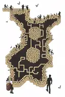 A stylized representation of a man navigating through a maze of confusing people, with music notes guiding the way tattoo design idea