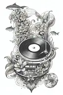 A turntable with music notes floating around it, surrounded by aquatic plants and fish from your aquarium tattoo design idea