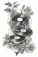 A turntable with music notes floating around it, surrounded by aquatic plants and fish from your aquarium tattoo design idea