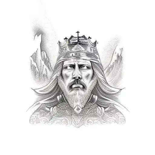 A tattoo combining the image of a king and a mountain, symbolizing power and ambition tattoo design idea
