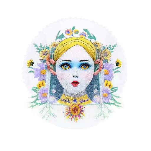 ukrainian traditional doll with birds and sunflowers ornament tattoo design idea