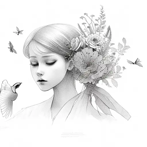 ukrainian girl with birds and flowers tattoo design idea