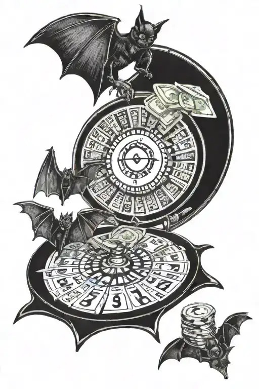 bat with money and roulette table with cash tattoo design idea