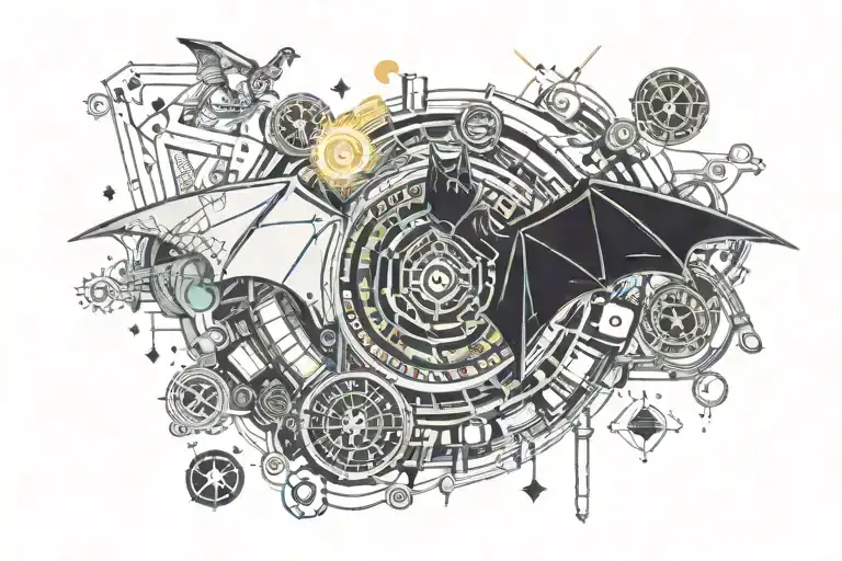 bat with money and roulette table with cash tattoo design idea