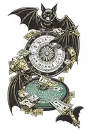 bat with money and roulette table with cash tattoo design idea