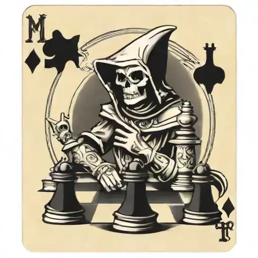 Chess queen chess piece, muay thai fighter, poker cards, grim reaper tattoo design idea