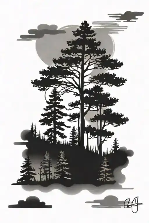 forest landscape tattoo featuring cypress tree tattoo design idea