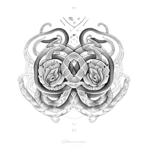 Gemini snakes on lavender flower tattoo design idea