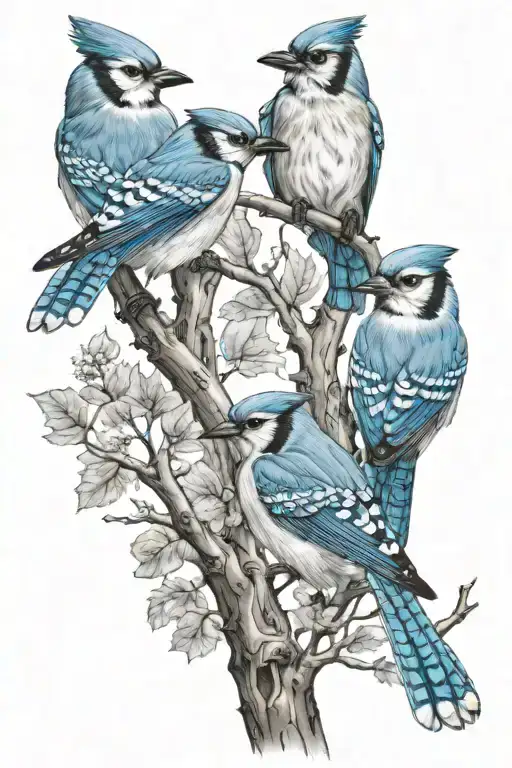  2 adult and 2 baby blue jays, in colour, and 1 young grey owl sitting on the branches of a greyscale maple tree tattoo design idea