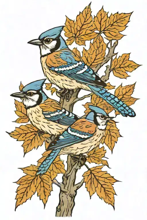 2 adult + 2 baby blue jays + 1 young grey owl sitting on the branches of a maple tree tattoo design idea