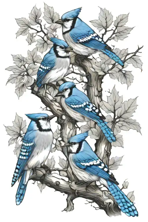 2 adult + 2 baby blue jays, in colour, + 1 young grey owl sitting on the branches of a greyscale maple tree tattoo design idea
