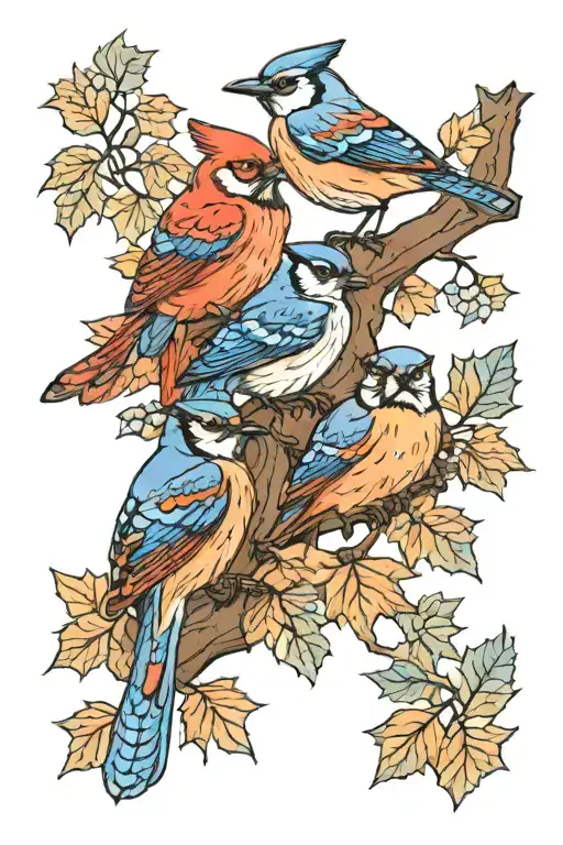 2 adult + 2 baby blue jays + 1 young grey owl sitting on the branches of a maple tree tattoo design idea