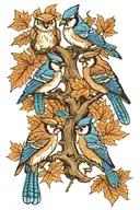 4 blue jays and 1 owl sitting on the branches of a maple tree tattoo design idea