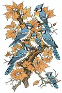 4 blue jays and 1 owl sitting on the branches of a maple tree tattoo design idea