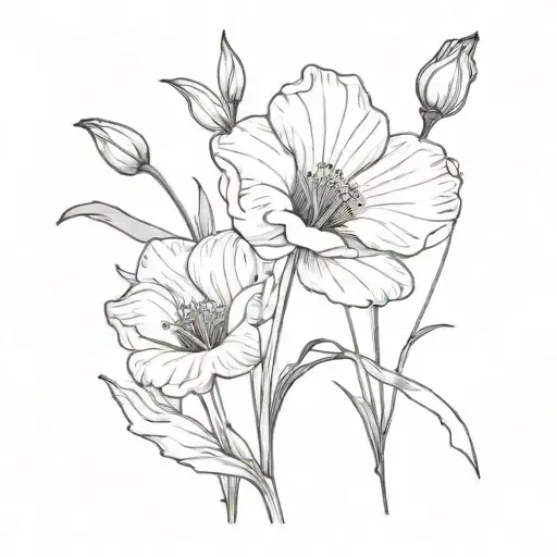 one poppy flower intertwined with one gladiolus flower, one cosmo, and one lilly of the valley tattoo design idea