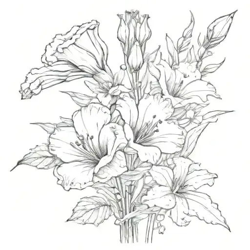 one poppy flower, one gladiolus flower, one cosmo flower, one lilly of the valley flower in a bouquet  tattoo design idea