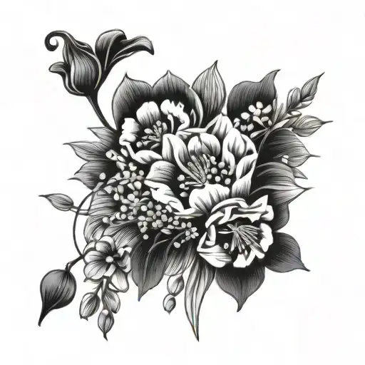poppy flower, gladiolus flower, cosmo flower, lilly of the valley flower bouquet tattoo design idea