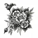 poppy flower, gladiolus flower, cosmo flower, lilly of the valley flower bouquet tattoo design idea
