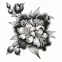 poppy flower, gladiolus flower, cosmo flower, lilly of the valley flower bouquet tattoo design idea