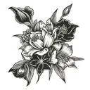 poppy flower, gladiolus flower, cosmo flower, lilly of the valley flower bouquet tattoo design idea