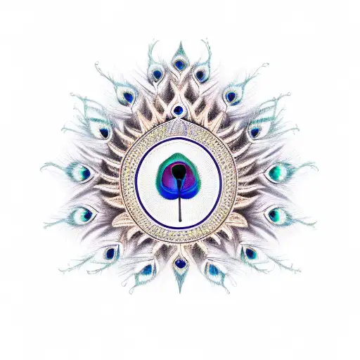 A flute surrounded by a peacock feather wreath tattoo design idea