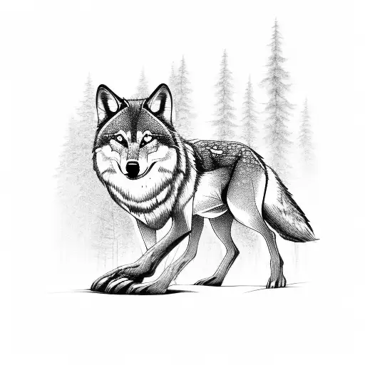 Forest with Wolf and deer tattoo design idea