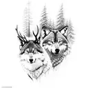 Forest with Wolf and deer tattoo design idea