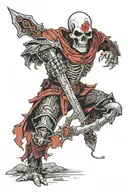 necromancer wearing black and red armour with a skull face tattoo design idea