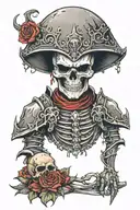necromancer wearing black and red armour with a skull face tattoo design idea