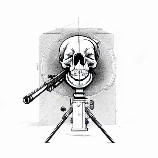A detailed sketch of a sniper aiming through a skull-shaped scope tattoo design idea